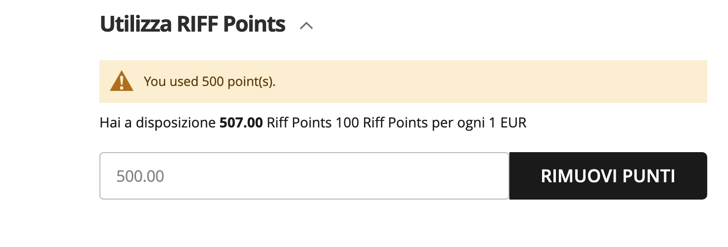 Messaggio di conferma punti applicati e pulsante Rimuovi Punti evidenziati